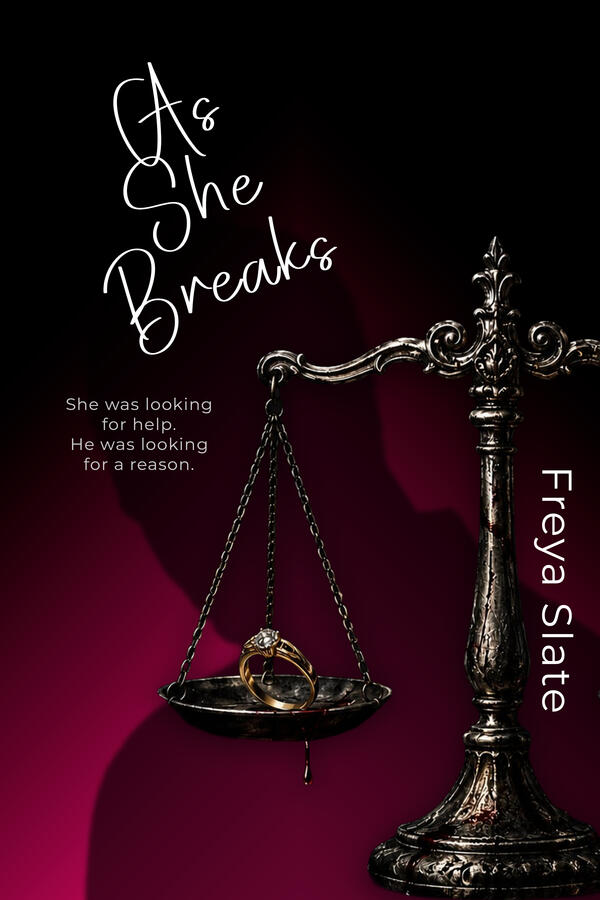 Dark romance book cover featuring scales of justice, a wedding ring, and a shadowed silhouette, symbolizing themes of abuse, protection and moral conflict.