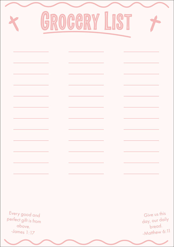 Grocery list with three-column layout, decorative cross elements, scripture verses, and a soft pink color palette.
