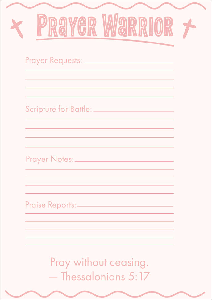 Faith-based prayer journal printable featuring sections for prayer requests, scripture for battle, prayer notes, praise reports and decorative cross elements.