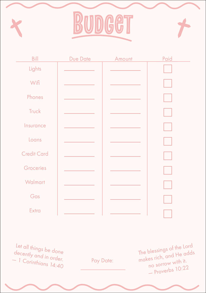Budget planning printable featuring sections for bills, due dates, amounts, payment tracking checkboxes, and scripture-inspired design elements in a soft pink color palette.