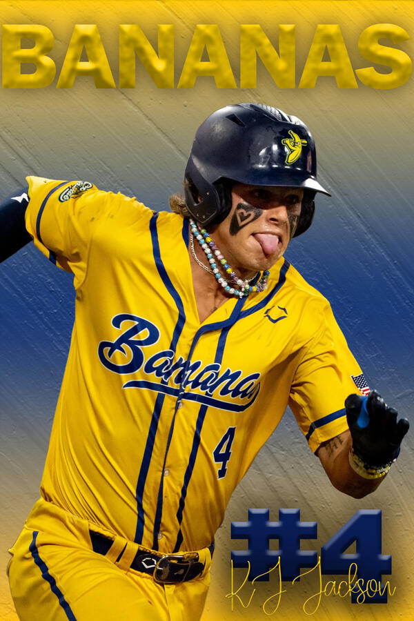 Fan-made promotional graphic featuring Savannah Bananas player KJ Jackson running across a yellow and blue textured background. Large "BANANAS" typography appears across the top, with the player's number and name displayed in the lower-right corner.