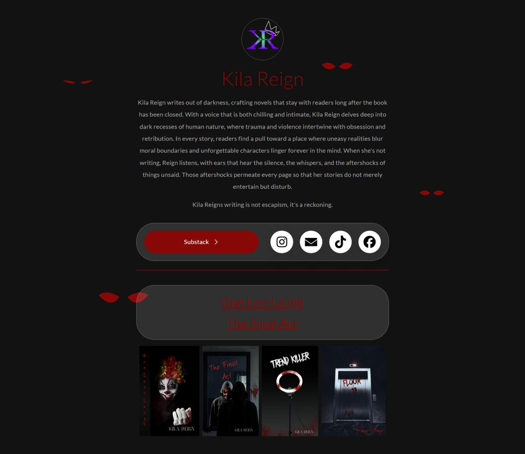 Screenshot of a custom author website designed for horror writer Kila Reign featuring a black and red color palette, author biography, social media links, newsletter button, and book showcase.