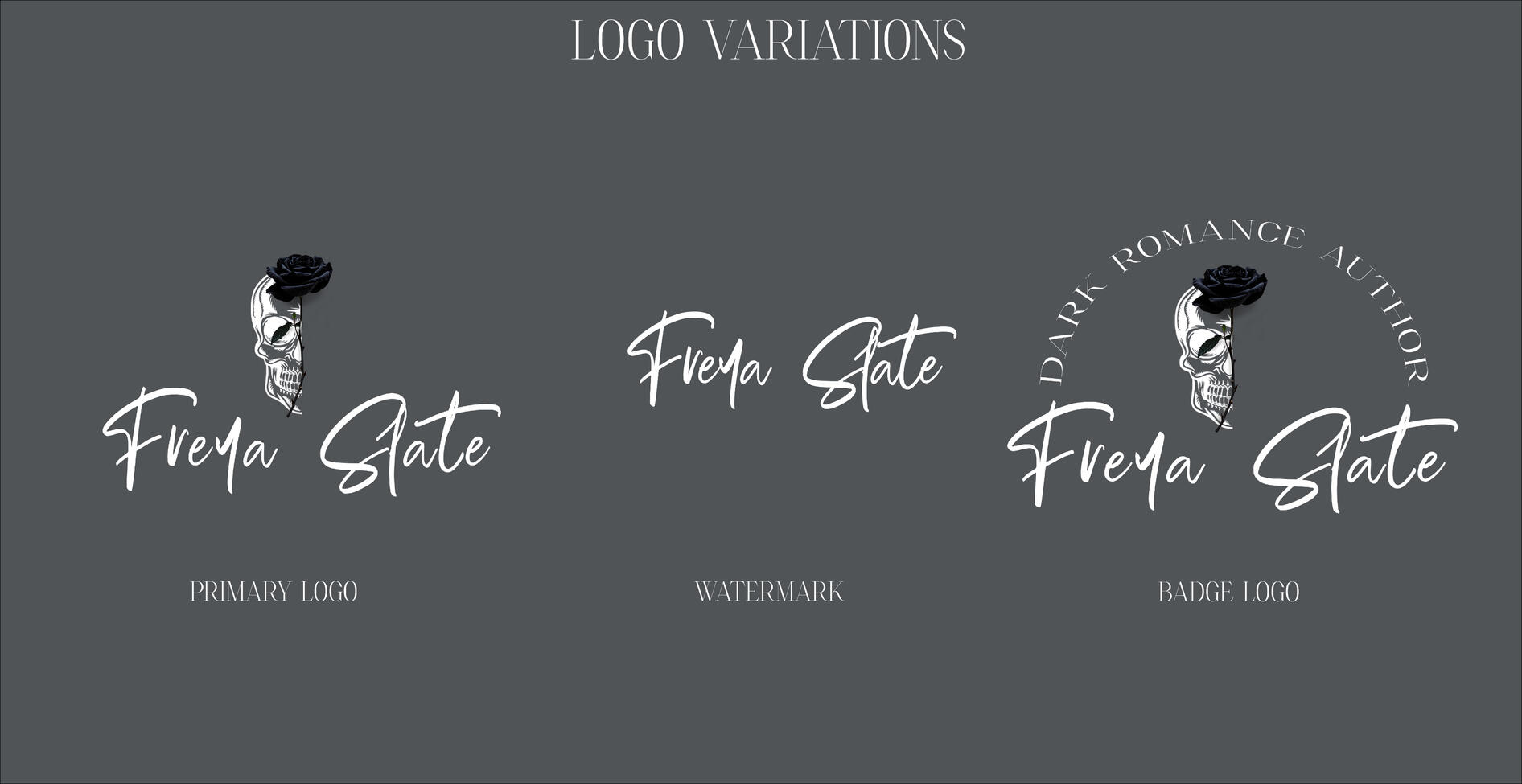 Logo system for the Freya Slate author brand showing the primary logo, watermark logo, and badge logo featuring a skull and black rose graphic with signature-style typography.